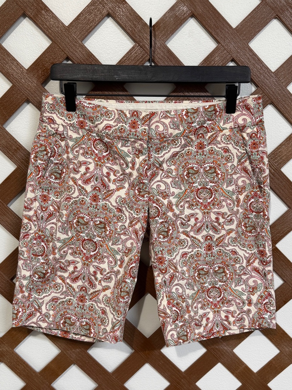 WS32 {J. Crew} "City Fit" Paisley Print Flat Front Chino Khaki Bermuda Shorts